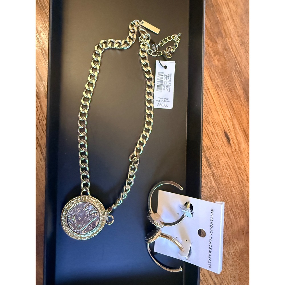 White House Black Market Gold Tone Coin Necklace & Hoop Earring Set NWT